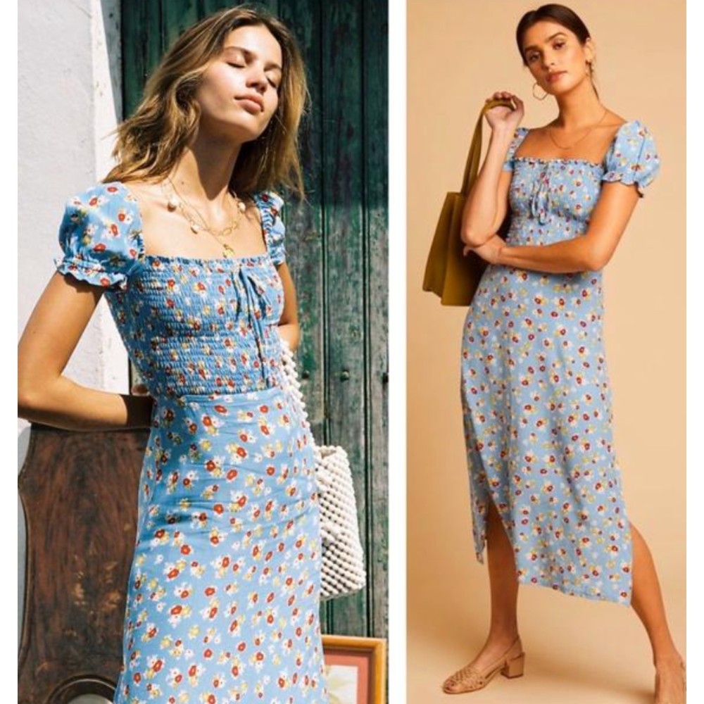 Faithfull The Brand Castilo Jasmin Midi Dress Floral Baby Blue Size S NEW